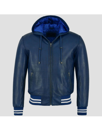 Hooded Blue Leather Bomber Jacket