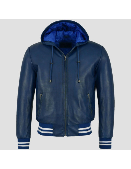 Hooded Blue Leather Bomber Jacket
