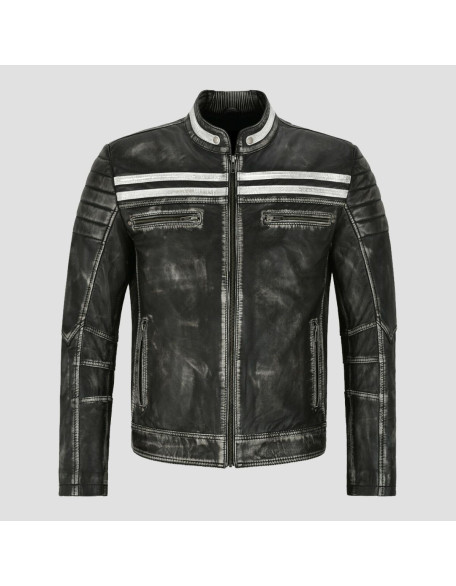 Distressed Black Leather Biker Jacket