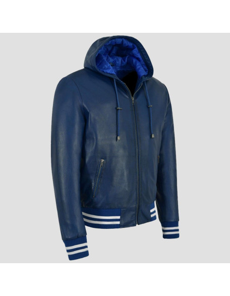 Hooded Blue Leather Bomber Jacket