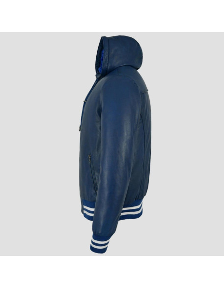 Hooded Blue Leather Bomber Jacket