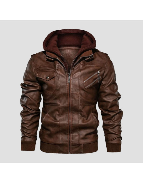 Marx Hooded Brown Leather Bomber Jacket