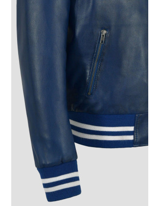 Hooded Blue Leather Bomber Jacket