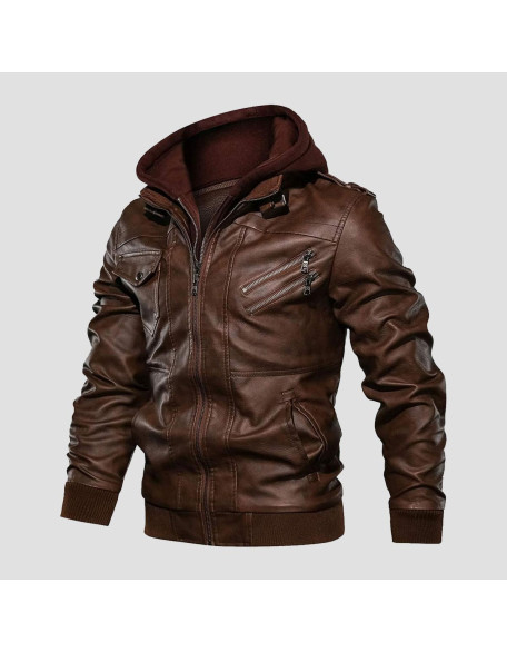 Marx Hooded Brown Leather Bomber Jacket