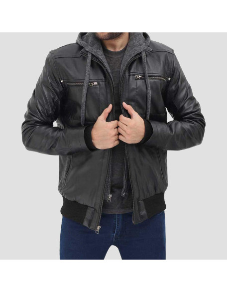 Black Leather Bomber Jacket with Removable Hood