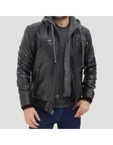Black Leather Bomber Jacket with Removable Hood