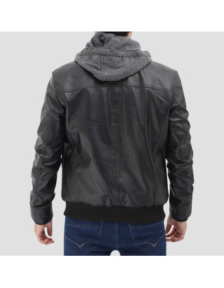 Black Leather Bomber Jacket with Removable Hood