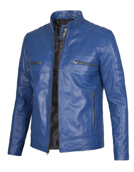 Austin Men Cafe Racer Blue Real Leather Jacket