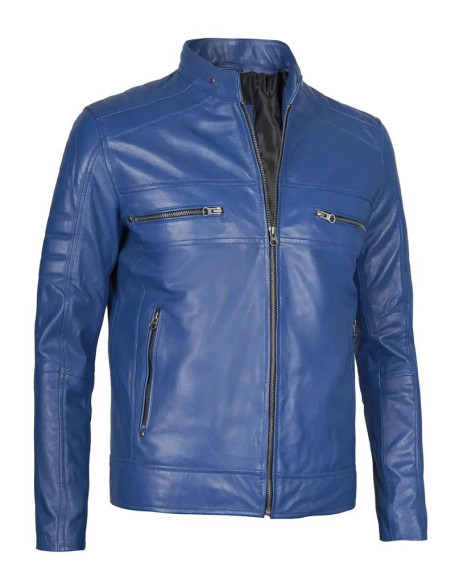 Austin Men Cafe Racer Blue Real Leather Jacket