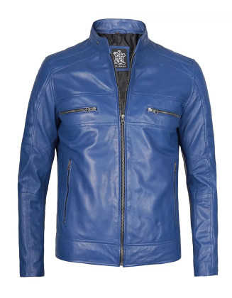 Austin Men Cafe Racer Blue Real Leather Jacket