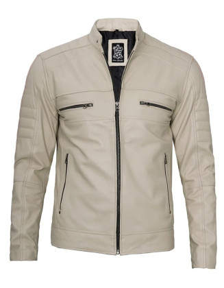 Beige Men Cafe Racer Real Leather Jacket
