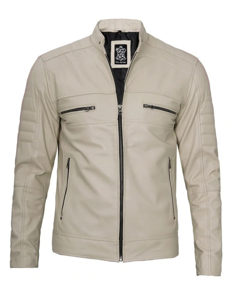 Beige Men Cafe Racer Real Leather Jacket