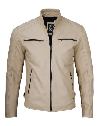 Beige Men Cafe Racer Real Leather Jacket