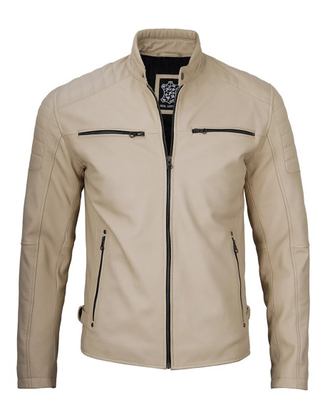 Beige Men Cafe Racer Real Leather Jacket
