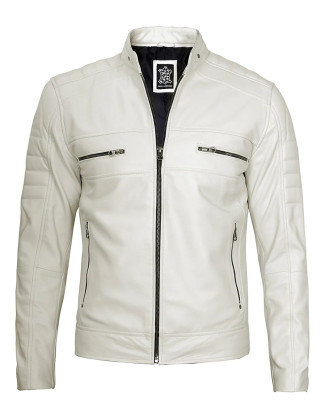 Austin Men Cafe Racer Off  White Real Leather Jacket