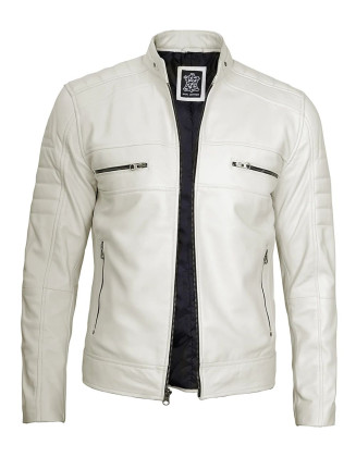 Beige Cafe Racer Leather Jacket for Men