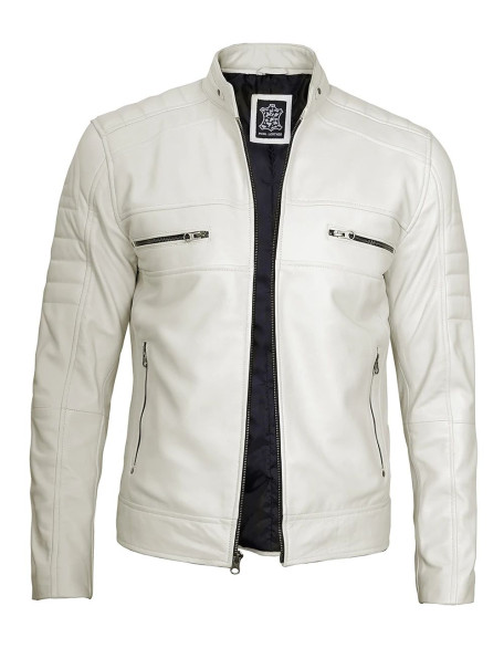 Beige Cafe Racer Leather Jacket for Men